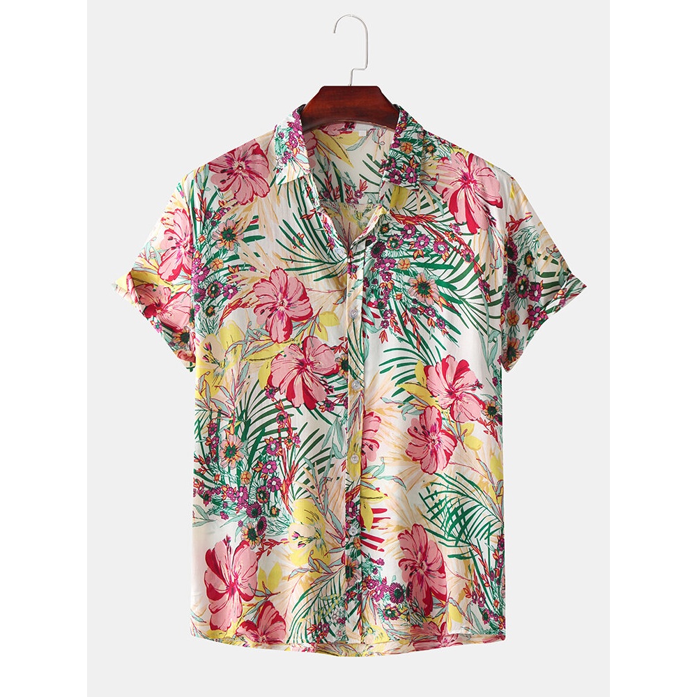 Men Floral Print Turn Down Collar Hawaii Beach Fashion Short Sleeve Shirts - White L