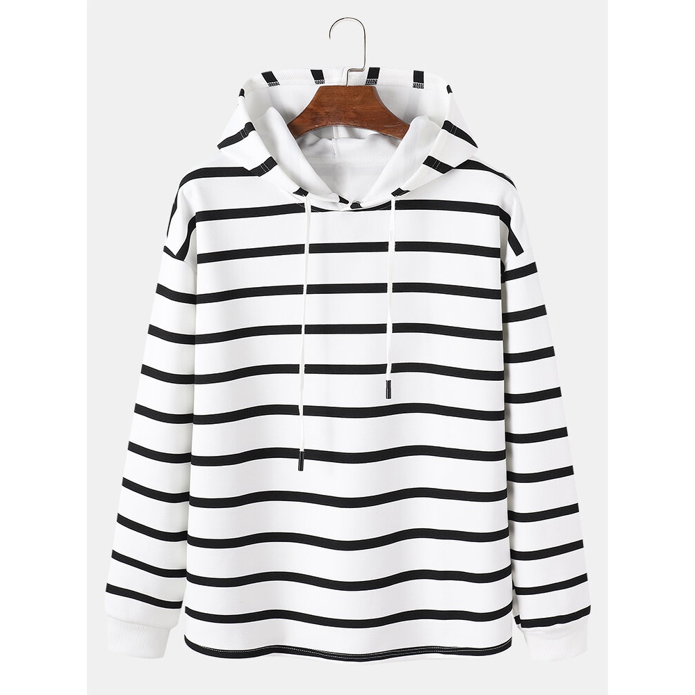 Mens Contrast Horizontal Striped Plain Drawstring Overhead Hoodies - White XL