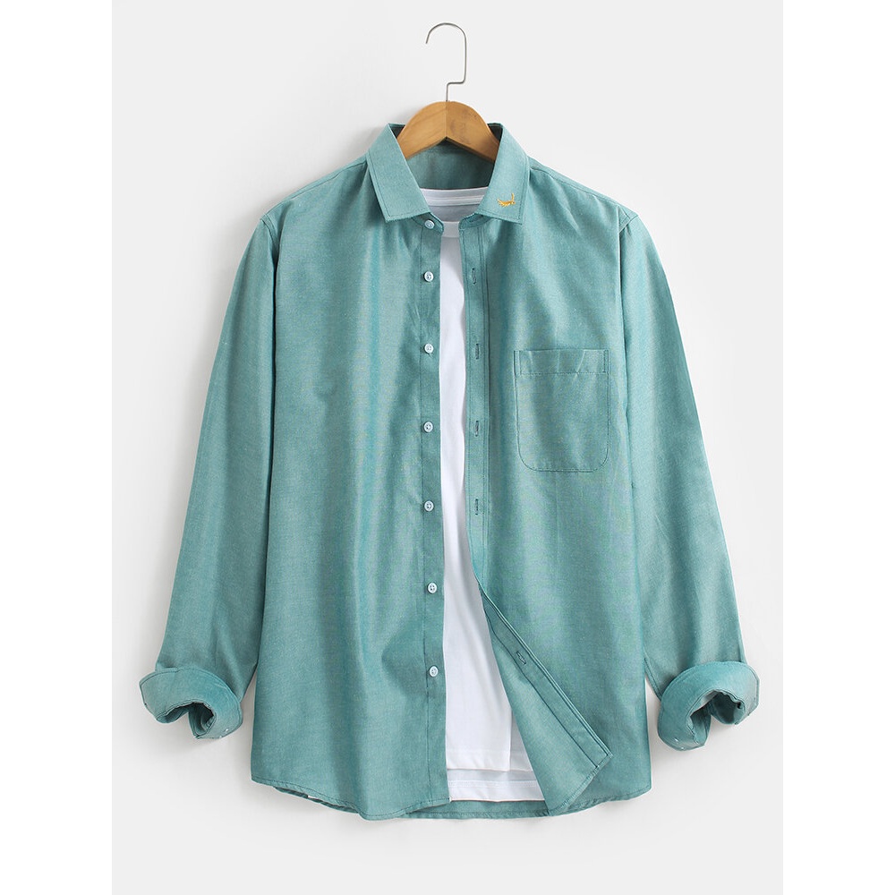 Mens Lapel Embroidery Simple Long Sleeve Cotton Casual Shirts With Pocket - Light Blue XL