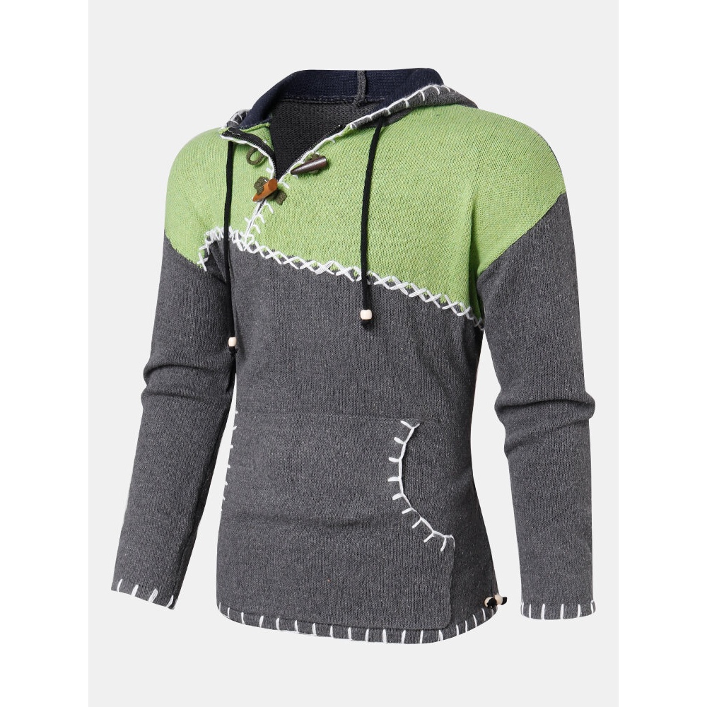 Mens Contrast Color Long Sleeve Pocket Vintage Knitted Hooded Sweaters - S Grey