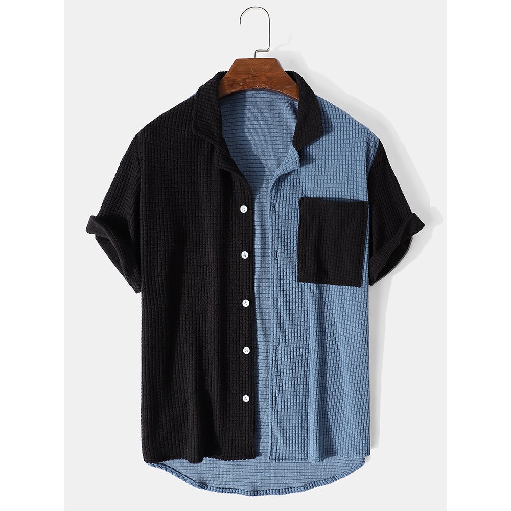 Mens Corduroy Patchwork Pocket Lapel Short Sleeve Shirt - Blue S