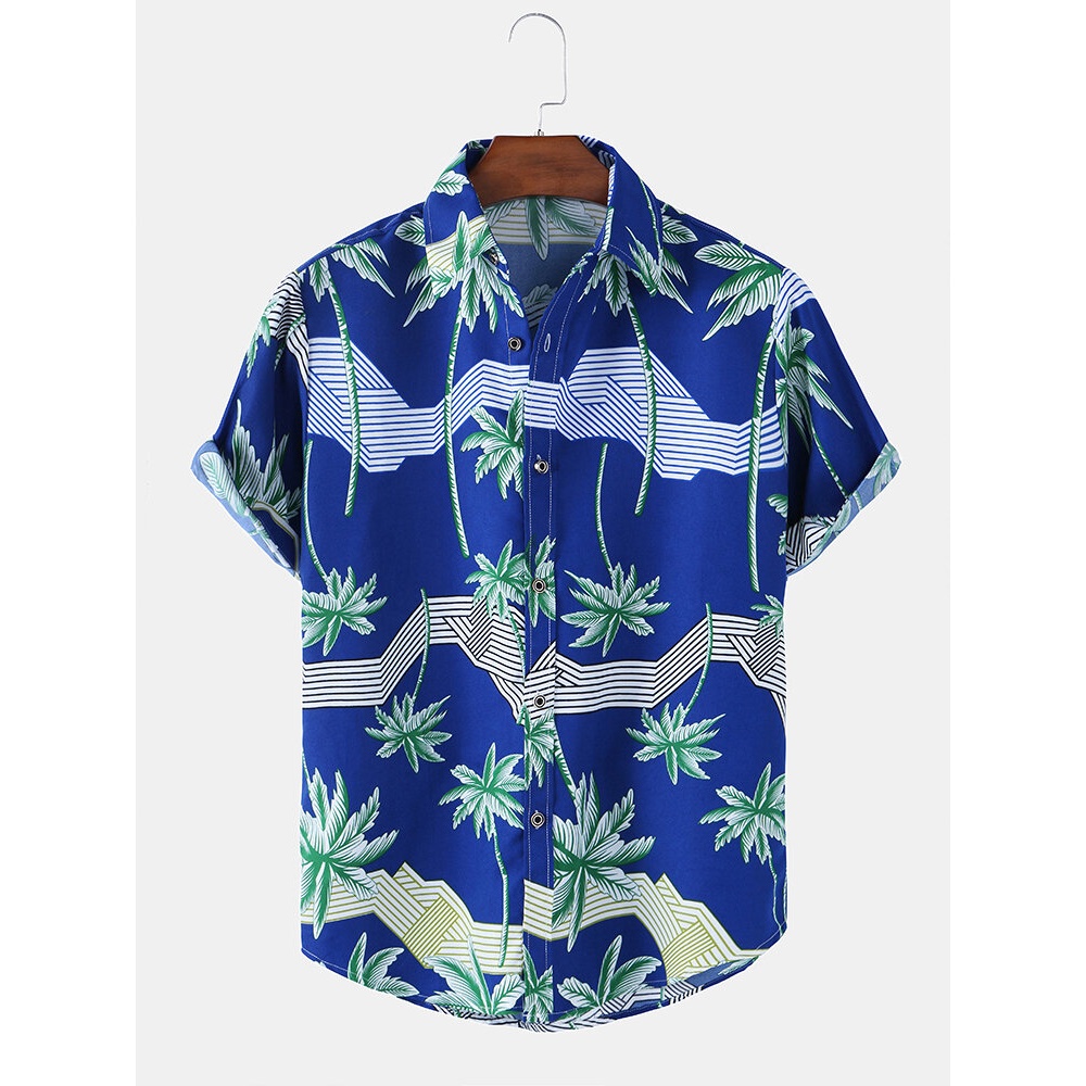 Design Tropical Coconut Tree Print Holiday Beach Mens Short Sleeve Shirts - Black 2XL