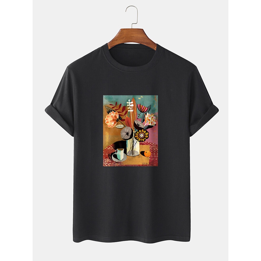 Mens 100% Cotton Painting Graphic Crew Neck Short Sleeve T-Shirts - Black S