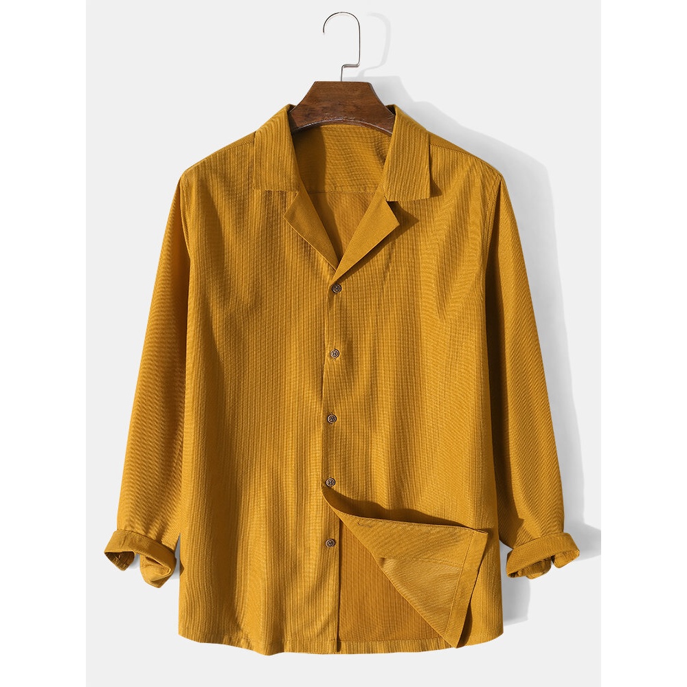 Mens Solid Color Revere Collar Jersey Long Sleeve Casual Shirt - Green S