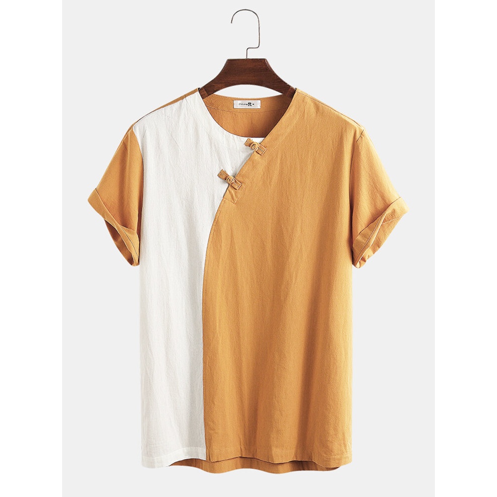 Mens Cotton Patchwork Crew Neck Short Sleeve Oriental T-Shirts - Yellow 2XL
