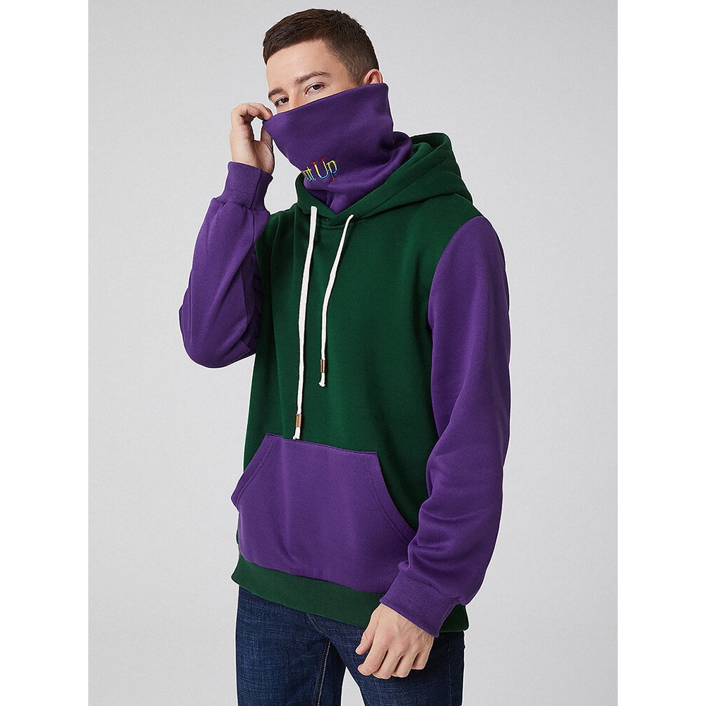 Mens Contrast Patchwork Kangaroo Pocket Hoodie With Letter Embroidery Snood - Green S