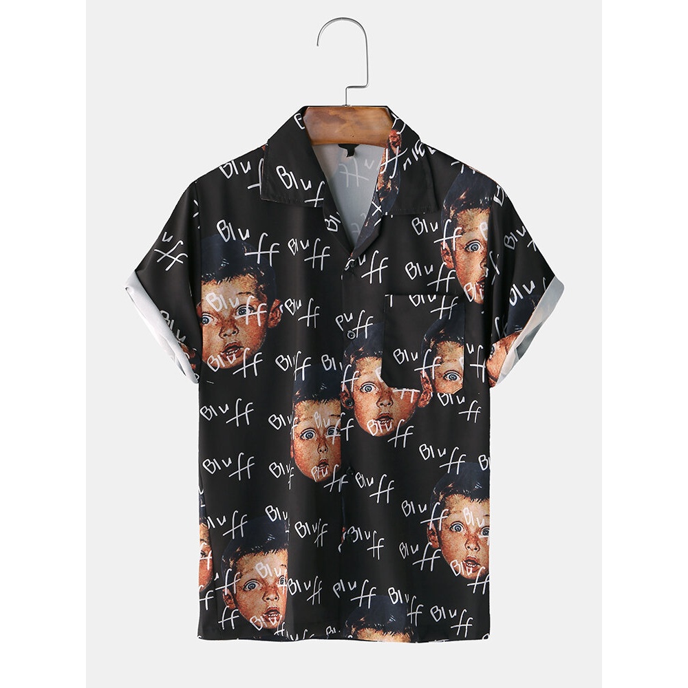 Men Funny Boy Letter Print Revere Collar Short Sleeve Fashion Shirts - Black M
