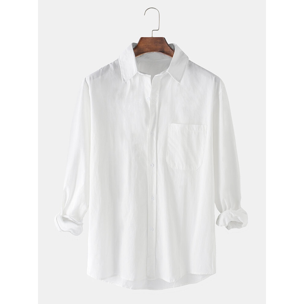 Mens Lapel Collar Long Sleeve Casual White Shirts With Pocket - White M