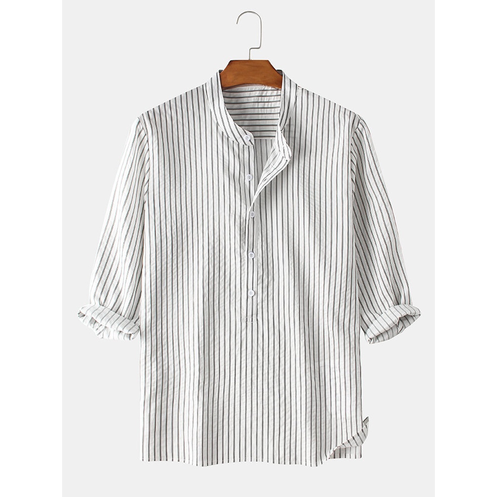 Mens Casual Vertical Stripe Stand Collar Breathable Henley Shirts - White S