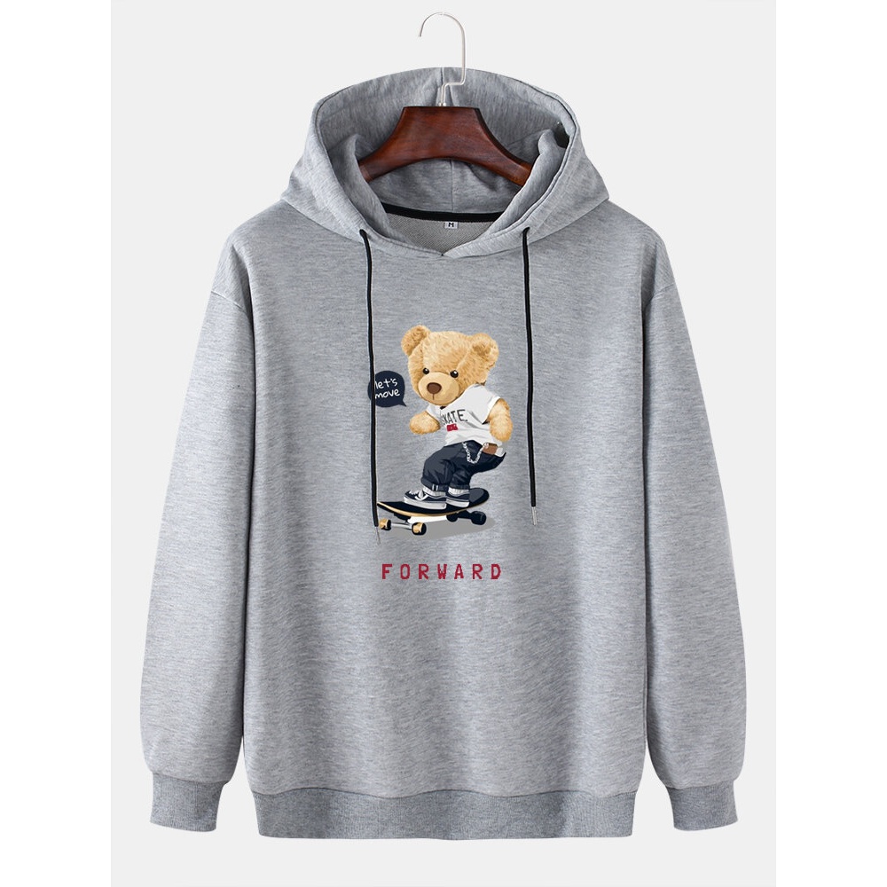Mens Cartoon Skateboard Bear Print Drawstring Hoodies - White M