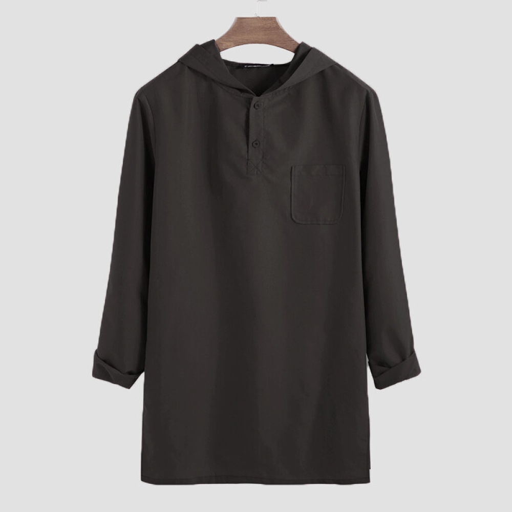 Mens Vintage Solid Color Hooded Long Sleeve Casual T-Shirts - S Black