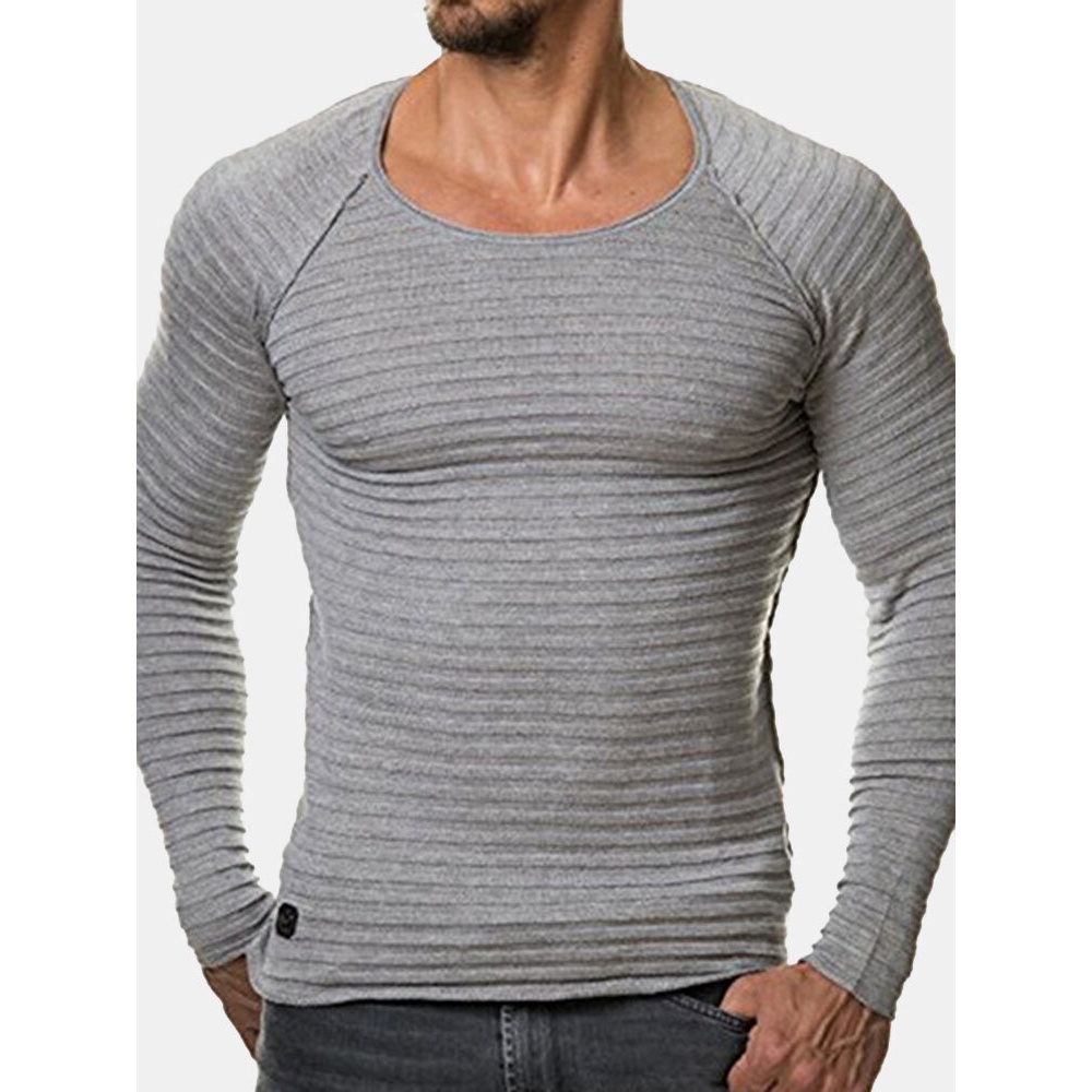 Mens Striped Folds Solid Color Round Neck Long Sleeve Slim Fit Casual T-Shirts - S Gray