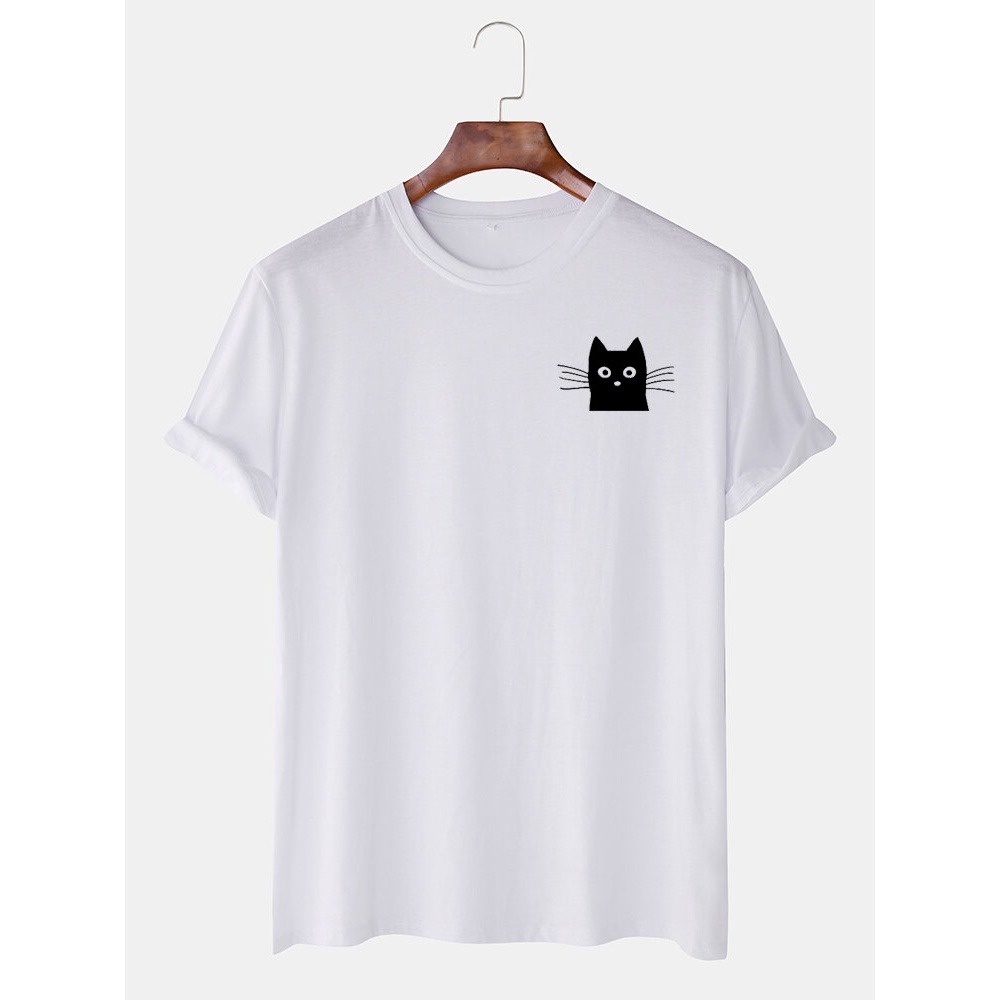 Mens Simple Cartoon Cat Graphic Casual Short Sleeve T-Shirts - Light Blue M