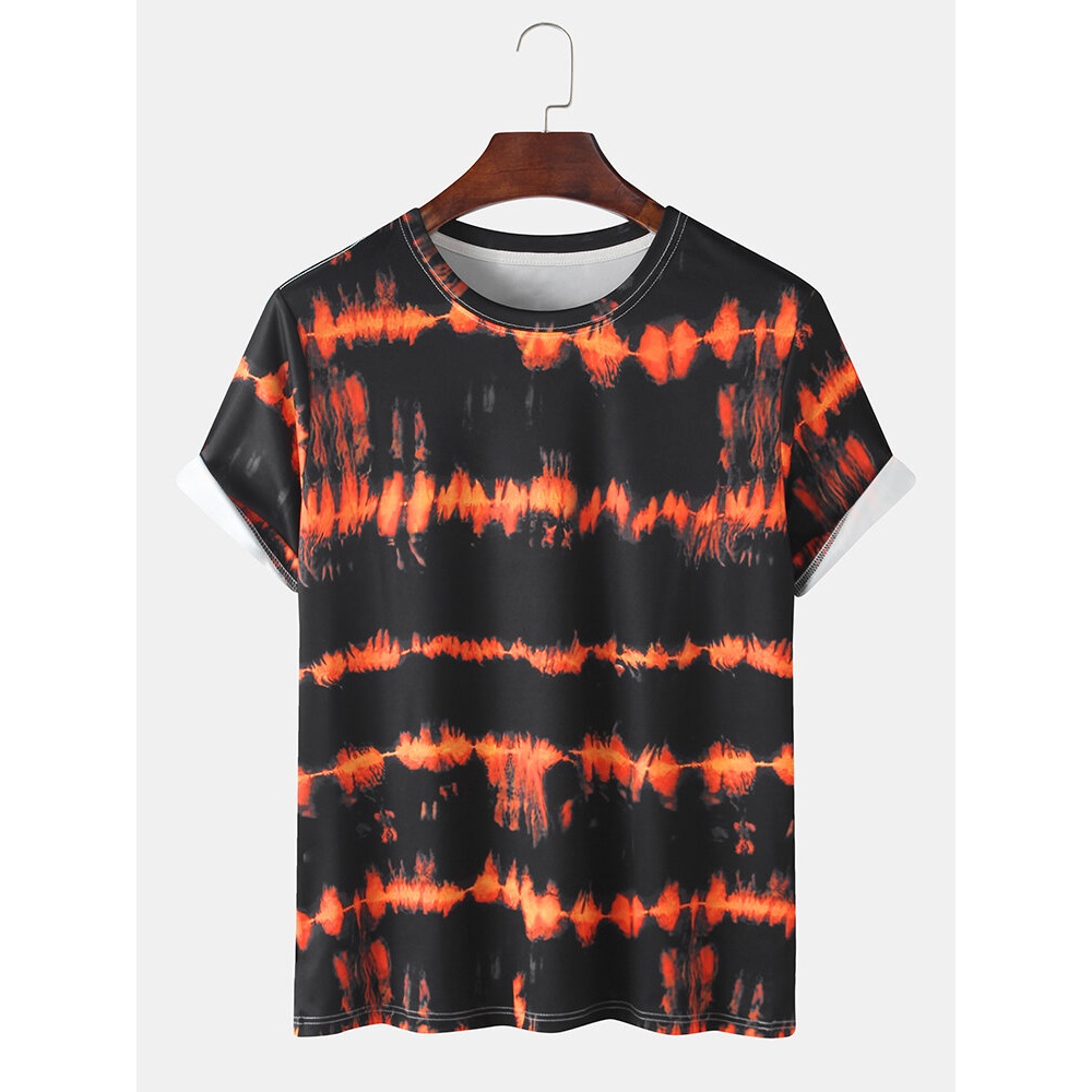Design Flame Print Mens Loose Round Neck Short Sleeve T-Shirts - Black M