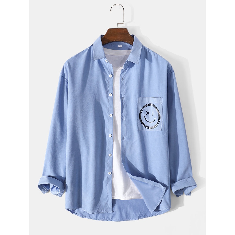 Mens Solid Color Smile Chest Pocket Cotton Long Sleeve Casual Shirt - Khaki L