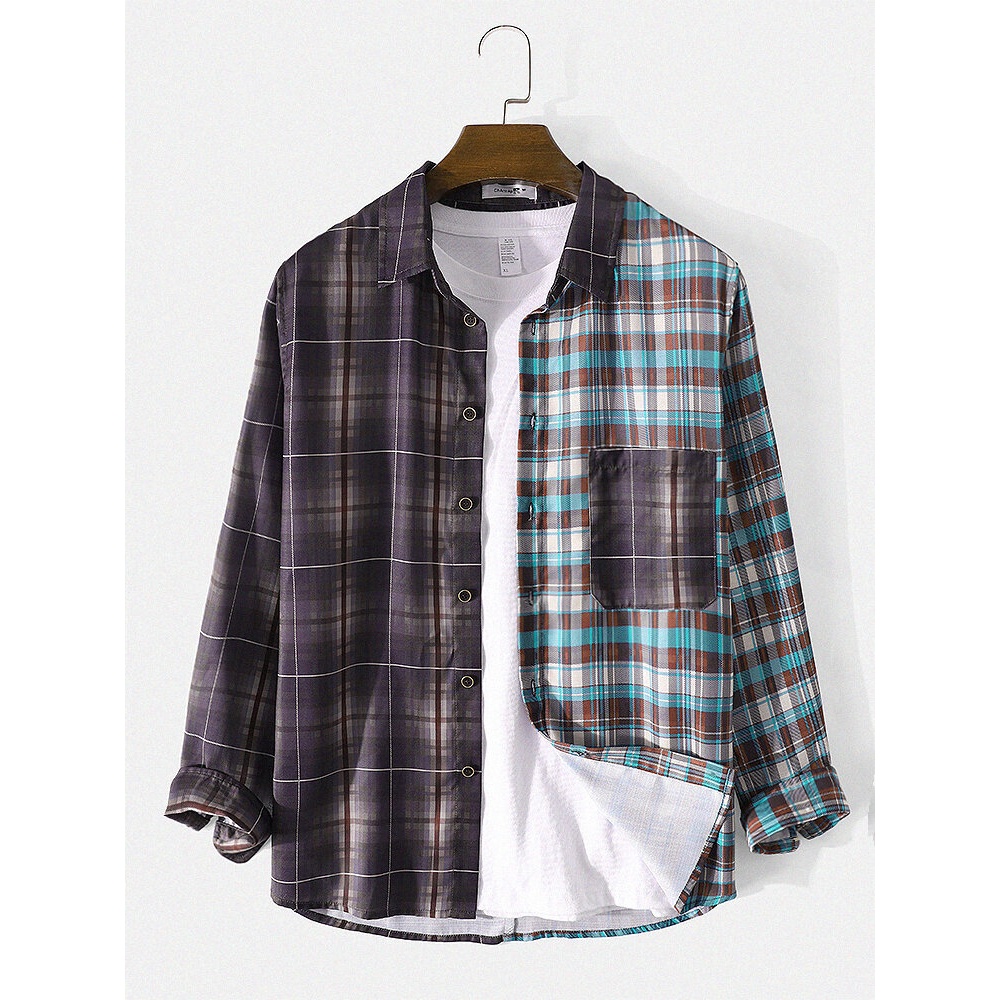 Mens Plaid Patchwork Vintage Chest Pocket Lapel Long Sleeve Shirt - Brown S