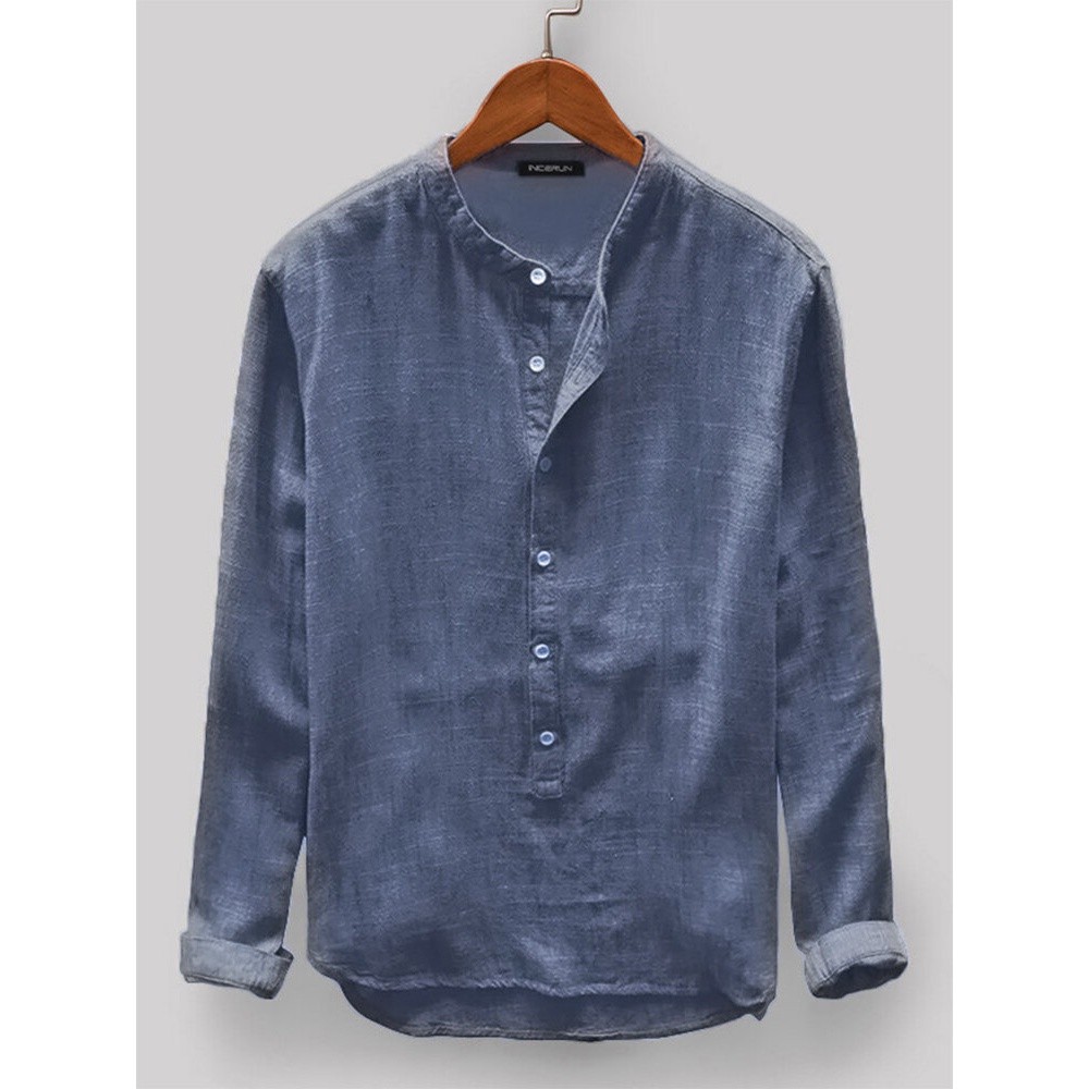 Mens Vintage Loose Comfy Solid Color Buttons Fly Long Sleeve Casual Henley Shirts - S Yellow