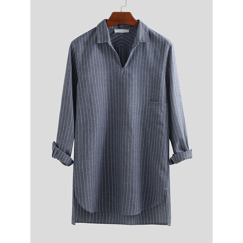Mens Vintage 100% Cotton Autumn Stripe Pocket Mid Long Shirt - L Blue