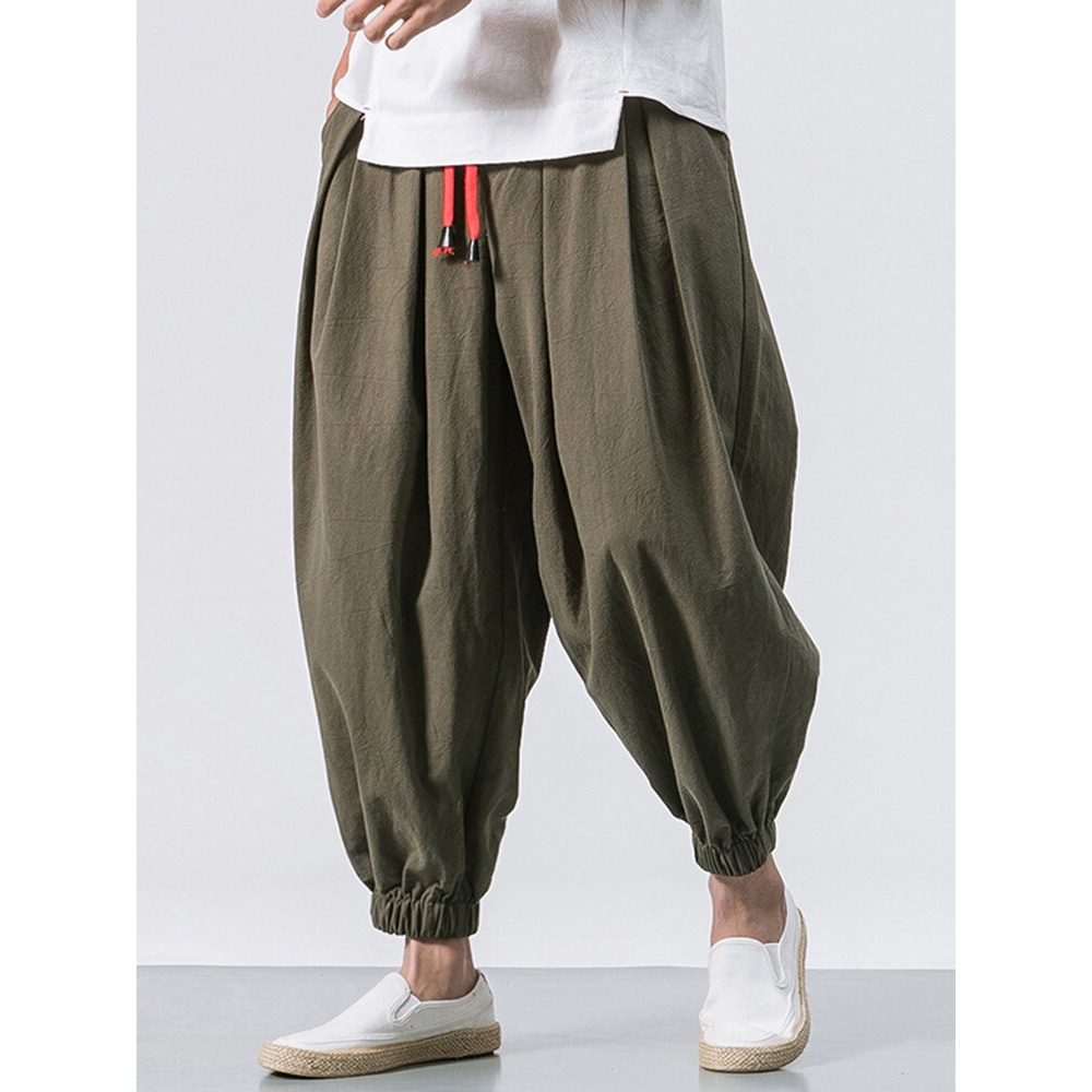 Men Cotton Loose Comfy Baggy Vintage Drawstring Jogger Casual Harem Pants - S Black