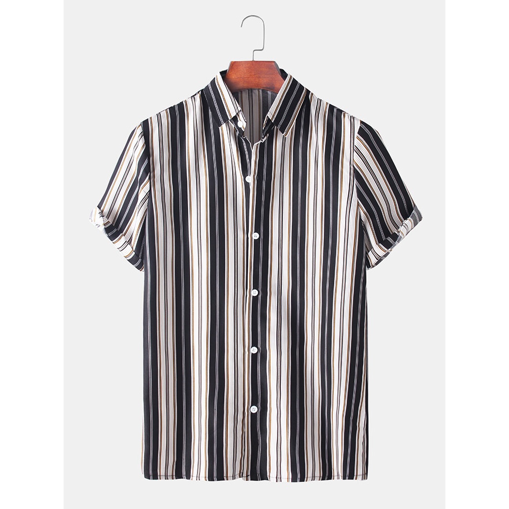 Men Vertical Stripes Short Sleeve Lapel Collar Casual Shirts - Black S