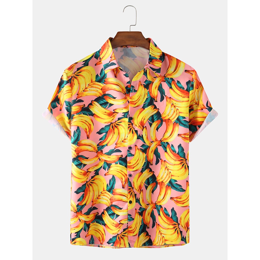 Mens Banana Printed Lapel Collar Casual Short Sleeve Shirts - Pink M