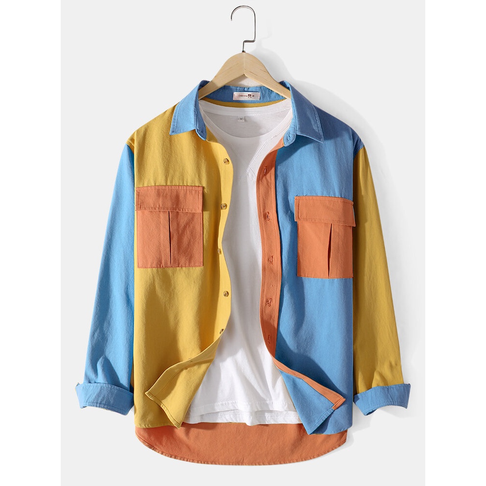 Mens Cotton Colorblock Patchwork Cargo Style Shirts With Flap Pockets - Green S