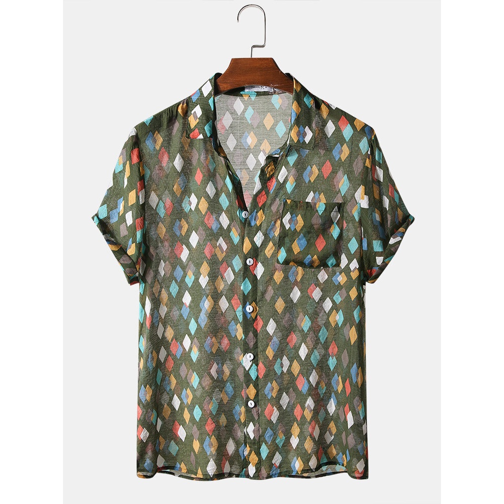 Mens Diamond Print Turn Down Collar Short Sleeve Shirts - Green M