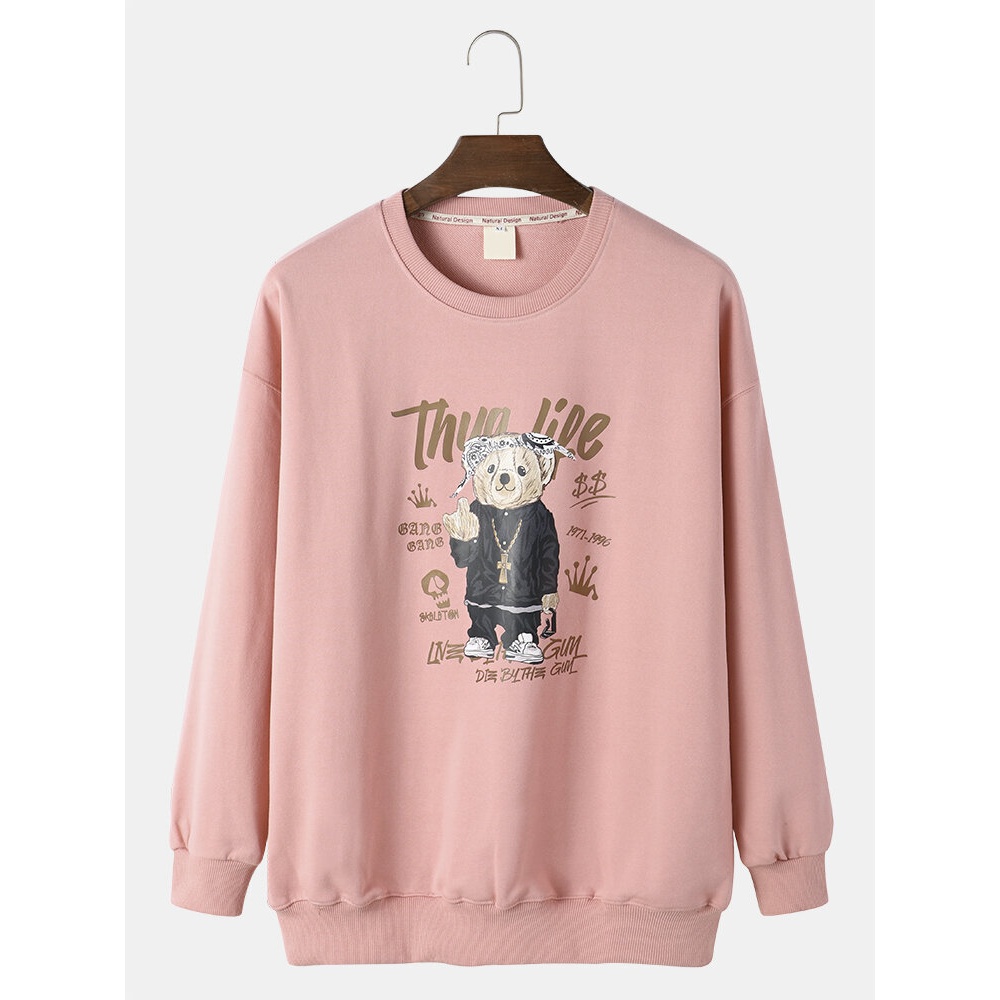 Mens Hip-Hop Style Bear Cartoon Loose Fit Sweatshirt - White XL