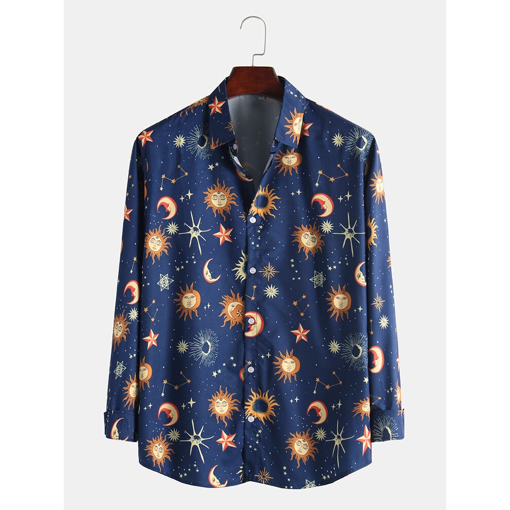 Mens Sun Star Moon Image Printed Casual Long Sleeve Lapel - M As Picture