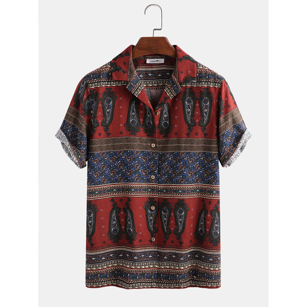 Mens Ethnic Funny Pattern Printing Turn Down Collar Casual Shirts - Red M