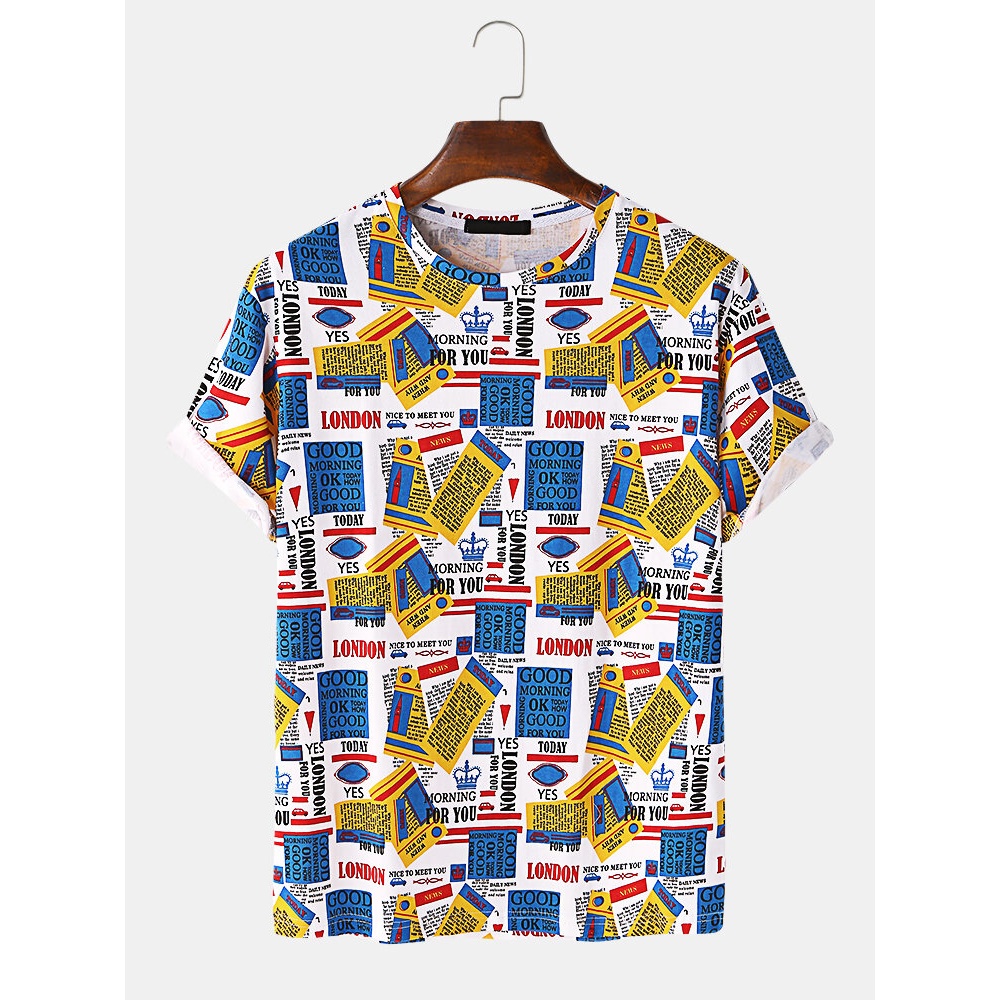 Mens Loose Colorful Label Print Crew Neck Short Sleeve T-Shirts - Yellow L