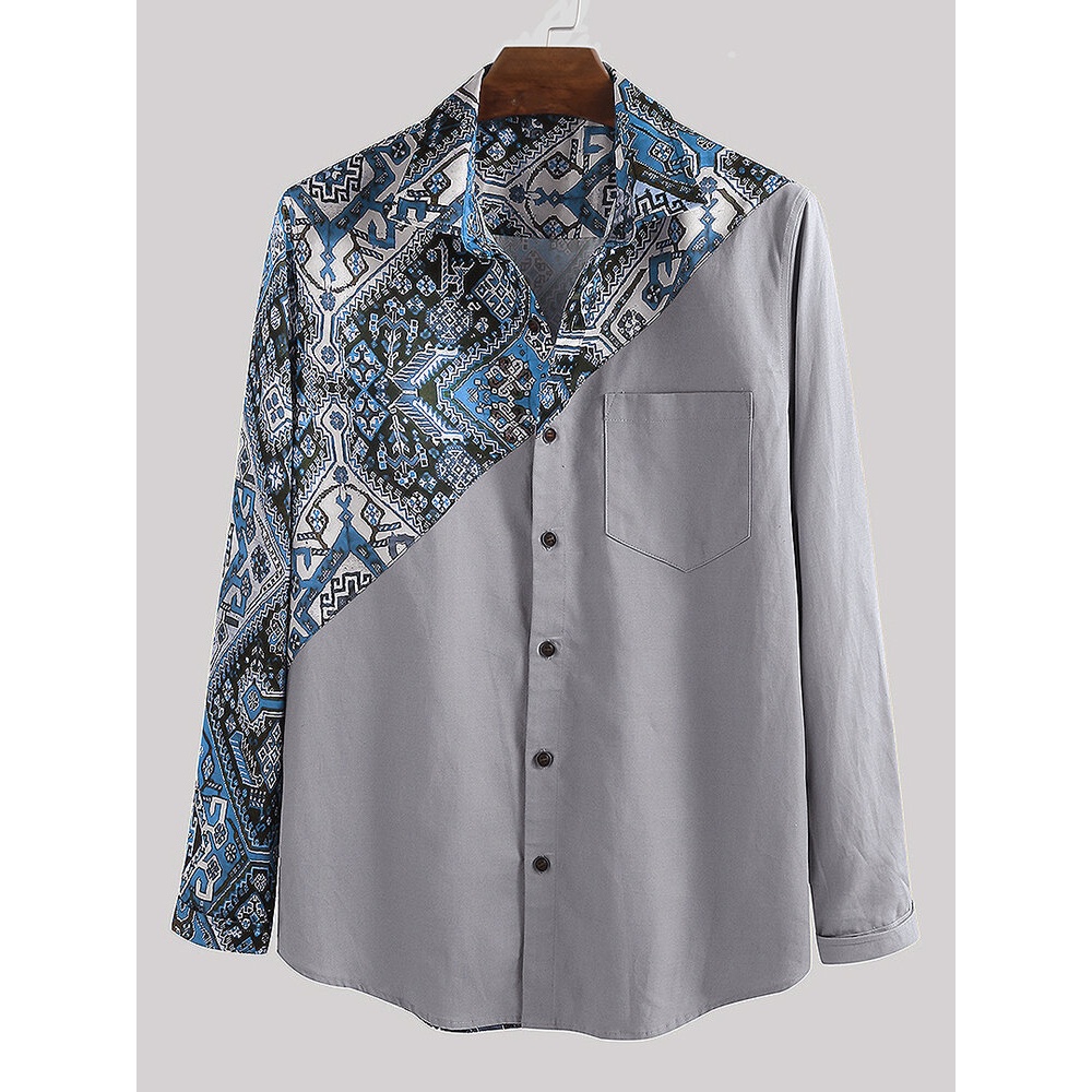 Mens Patchwork Printed Ethnic Style Chest Pocket Long - M Khaki
