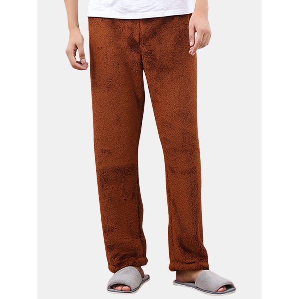 Mens Autumn Winter Thick Solid Color Warm Sleepwear Flannel Home Pants - M Navy