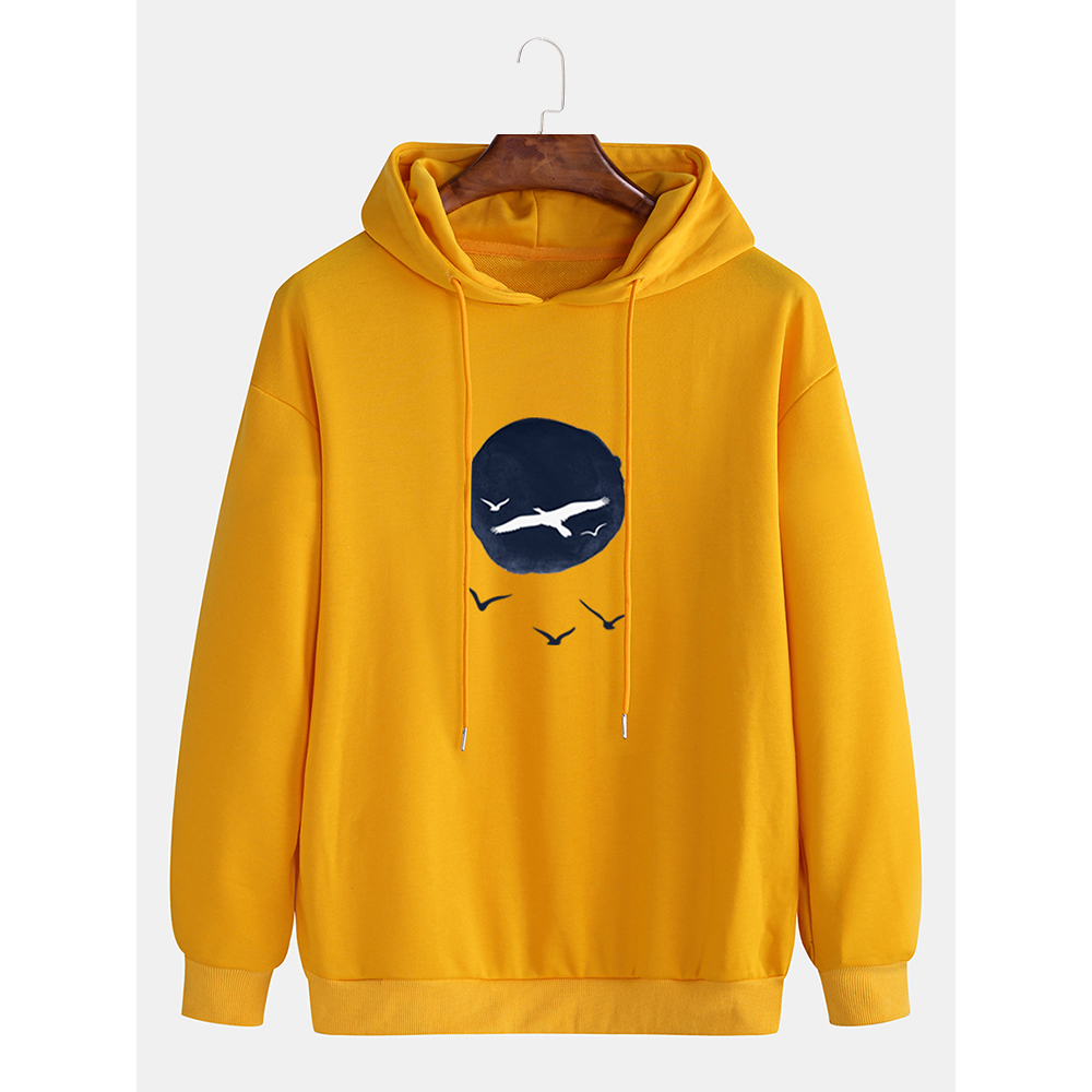 Cotton Mens Casual Cartoon Bird Printed Long Sleeve Drawstring Hoodies - Black S