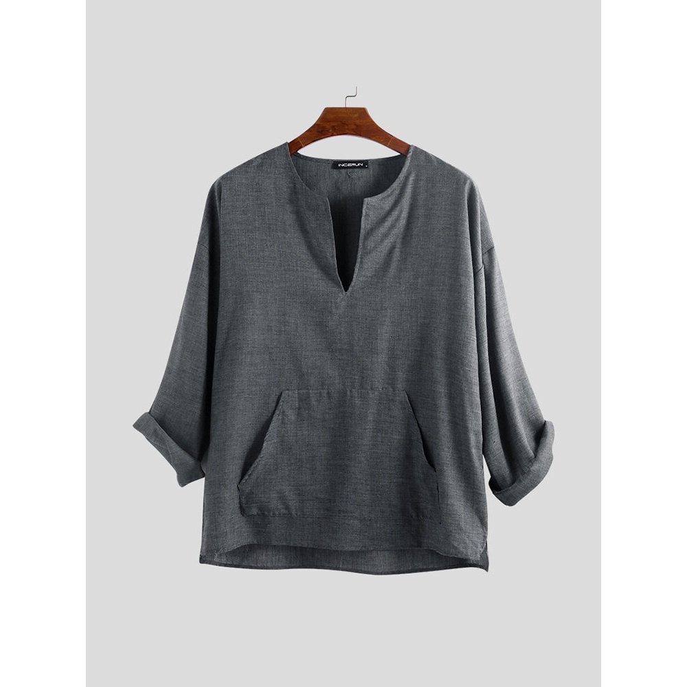 NEW Mens V-Neck Casual Summer 3/4 Sleeve Pocket Solid Top Baggy Blouse Plus Size - S Pink