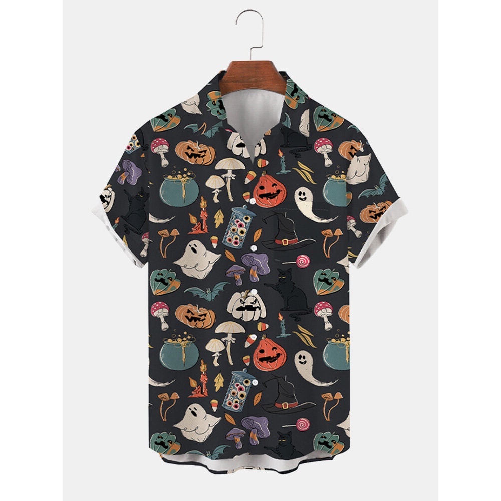 Men  Pumpkin Ghost Pattern Chest Pocket Funny Shirts - Black S