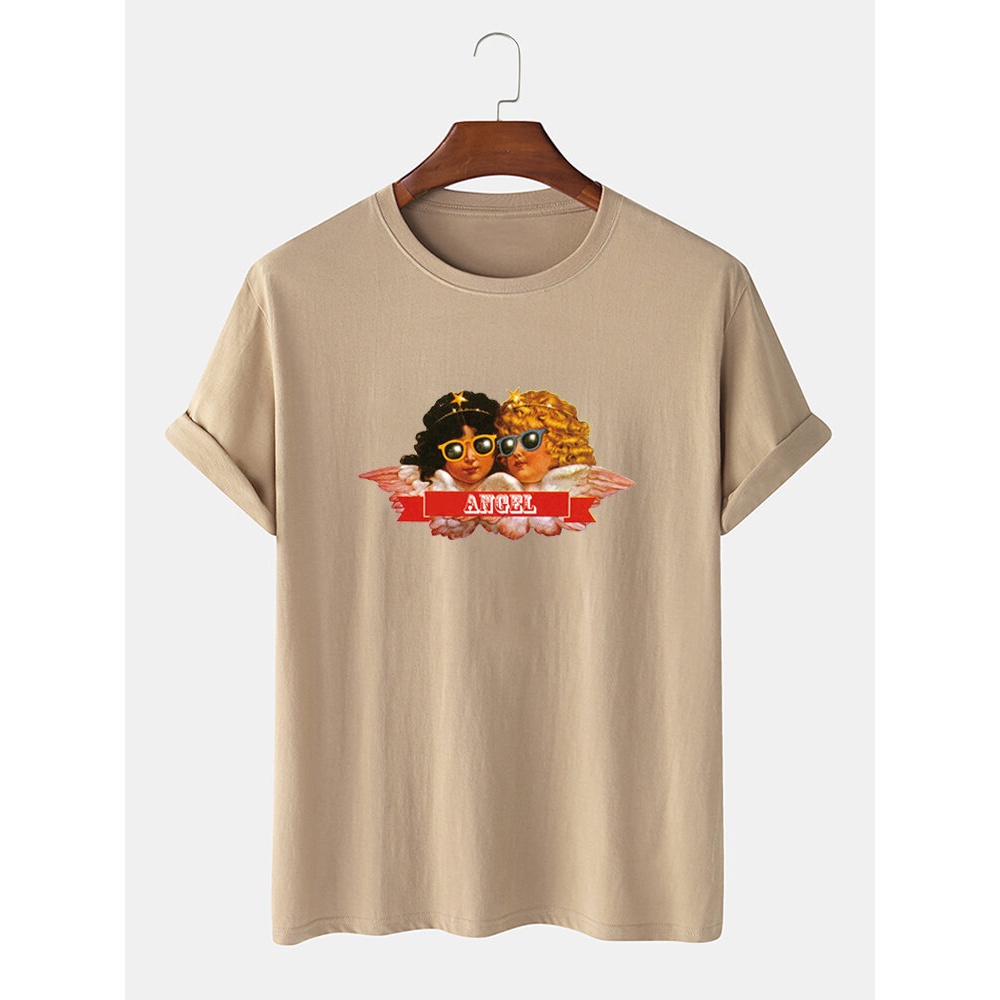 Mens Funny Cartoon Angels Print Round Neck Short Sleeve Cotton T-Shirts - Black XL
