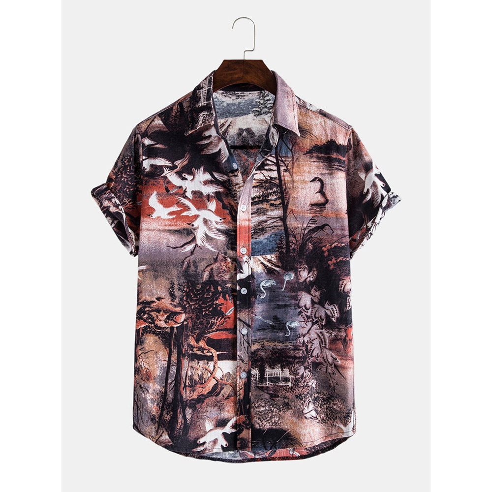 Mens Casual Landscape Print Multi Pattern Turn Down Collar Shirts - Black L