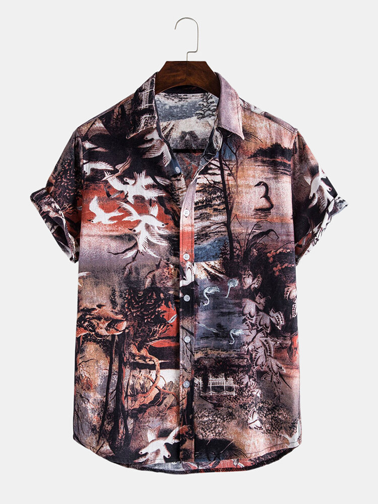 Mens Casual Landscape Print Multi Pattern Turn Down Collar Shirts - Black L