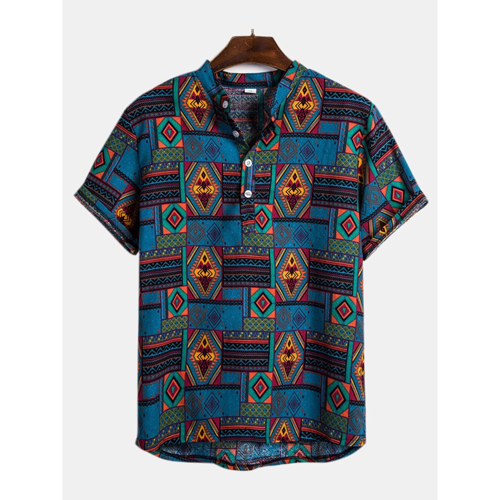 Mens Summer Ethnic Style Printed Turn Down Colla Shirts - L As Picture