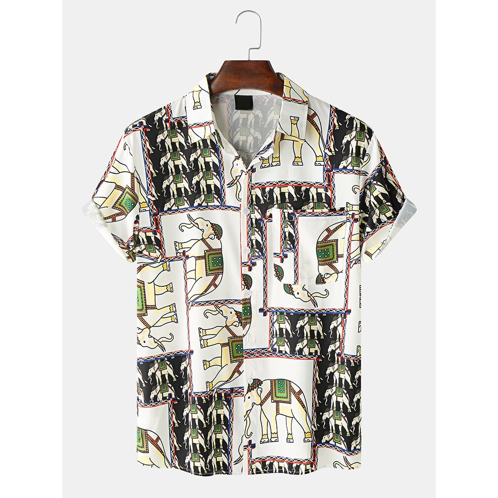 Mens Casual Elephant Print Lapel Ethnic Style Shirts - Beige L
