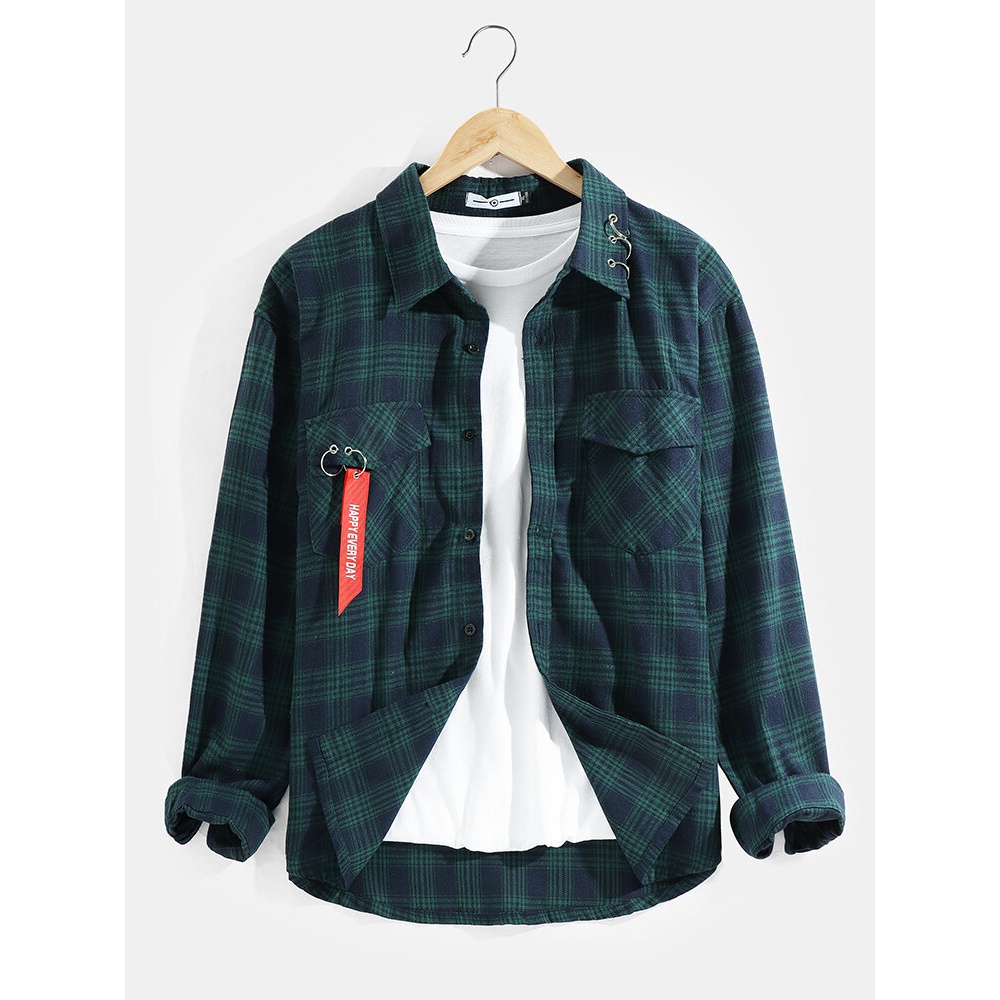 Mens Plaid Ring Detail Cotton Long Sleeve Shirts With Flap Pocket - Navy S