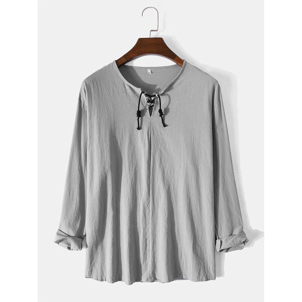 Mens Pure Color Bandage Collar Seam Loose Long Sleeve T-Shirts - Grey S