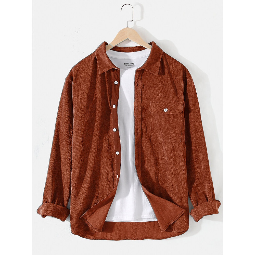 Mens Corduroy Solid Color Lapel Long Sleeve Shirts With Flap Pocket - Grey 2XL