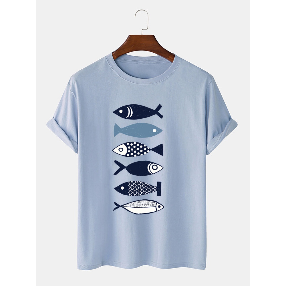 Breathable 100% Cotton Stick Figure Fish Pattern Short Sleeve T-Shirts - Khaki M