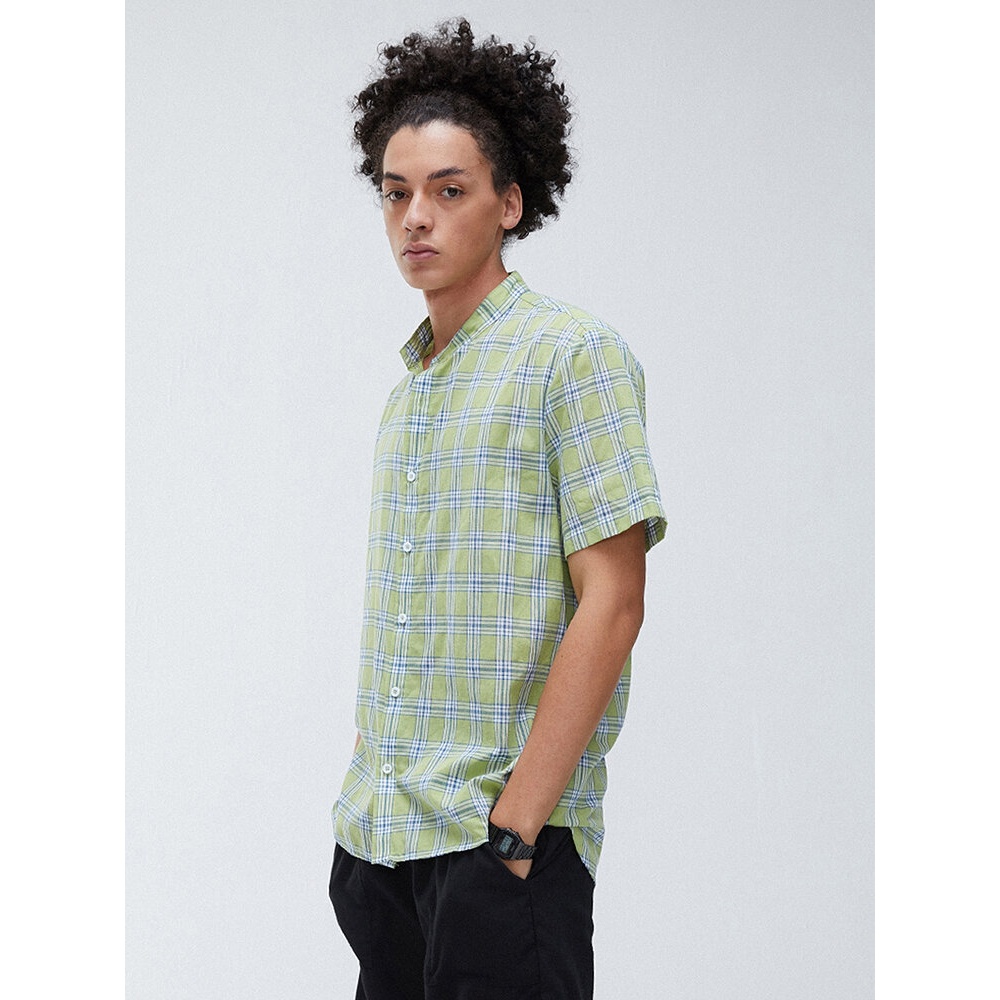 Mens Fashion Plaid 100% Cotton Breathable Short Sleeve Casual Shirts - Green M