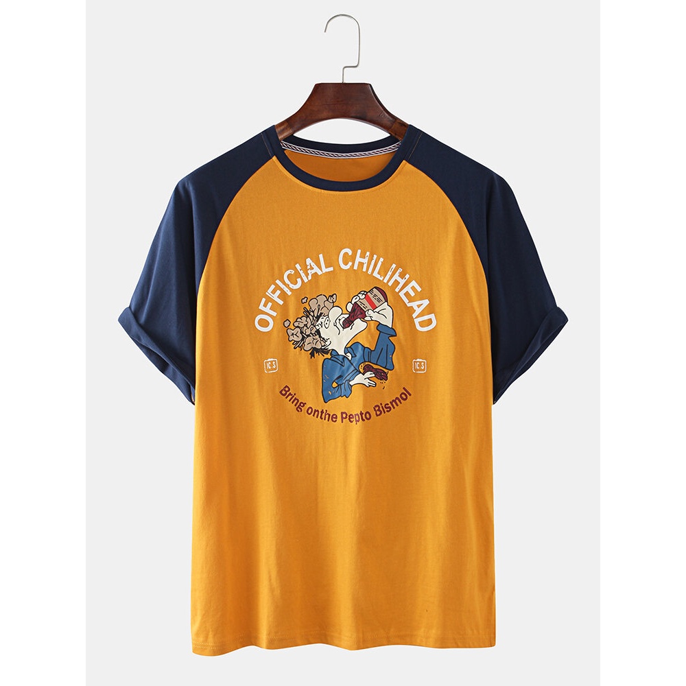 Men Cotton Funny Character Letter Print Crew Neck Raglan Short Sleeve Loose T-Shirts - White M