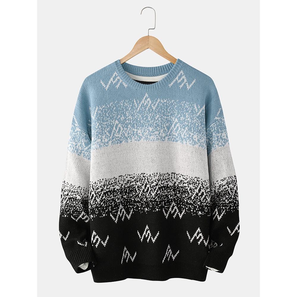 Mens Colorblock Knitted Round Neck Drop Shoulder Warm Sweaters - Blue L