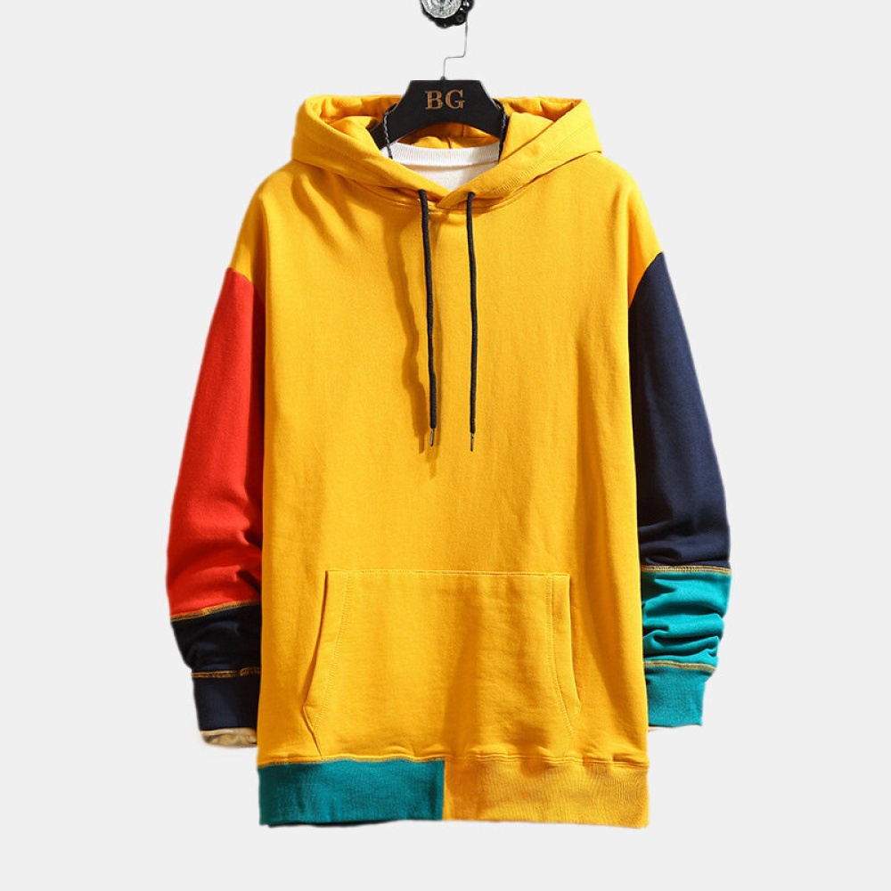 Fashion Patchwork Drawstring Hooded Pullover Sweatshirt - XL Yellow