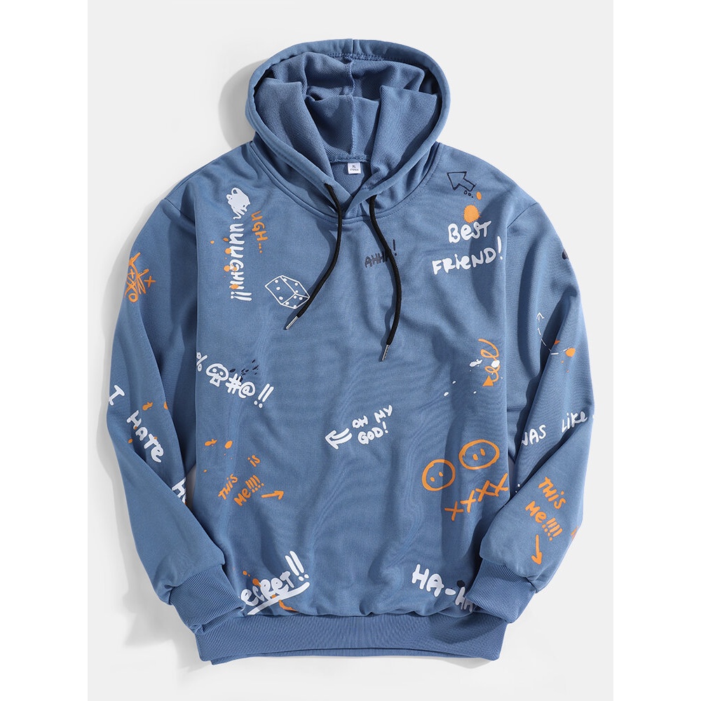 Mens Cartoon Graffiti Print Long Sleeve Drawstring Hoodies - Black M